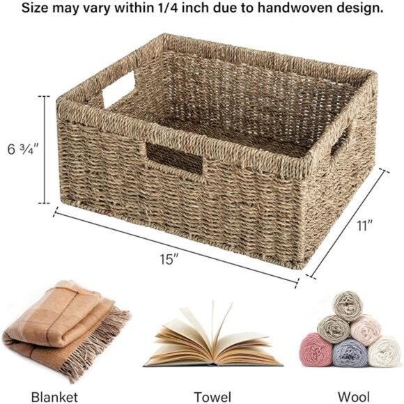 Large Wicker Storage Basket, Seagrass Rectangle Basket with Built-in Handle - Picture 2 of 8